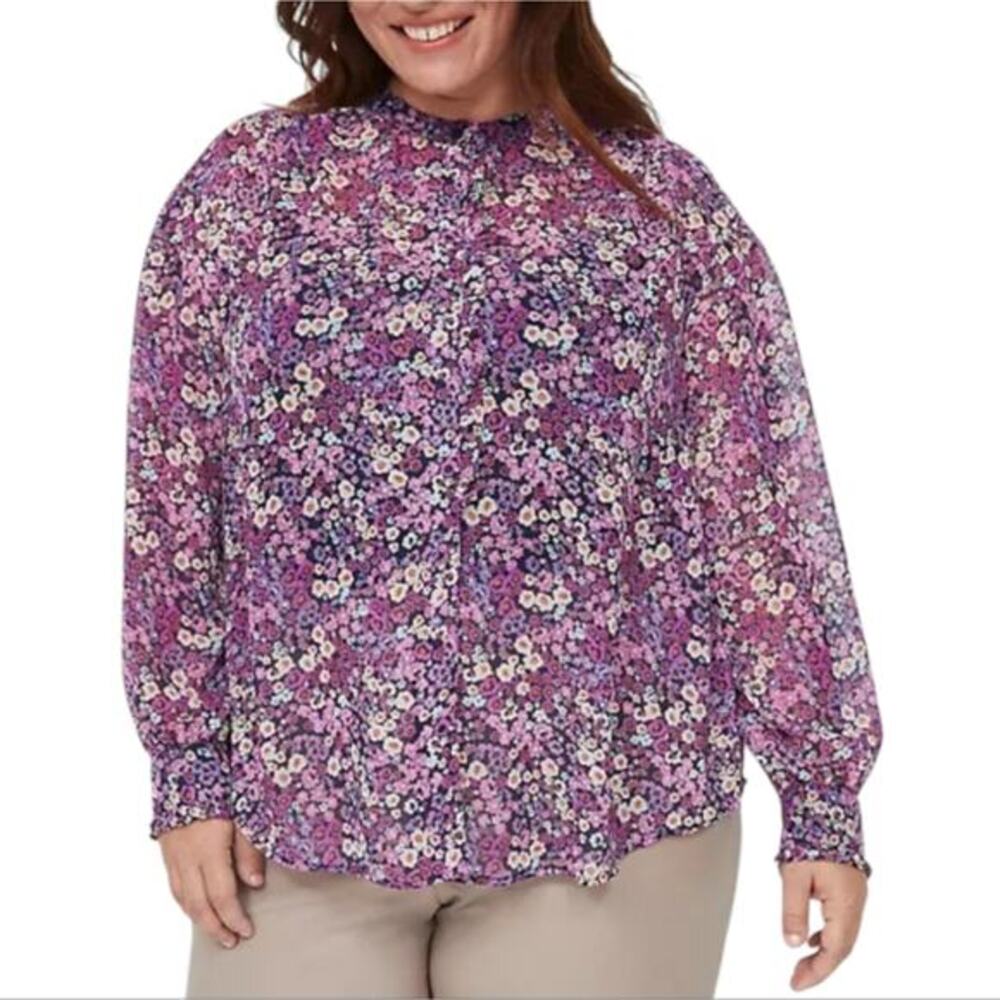 Lane Bryant Purple Floral Chiffon Button Front Blouse Ruffle Cuff Plus Size 20